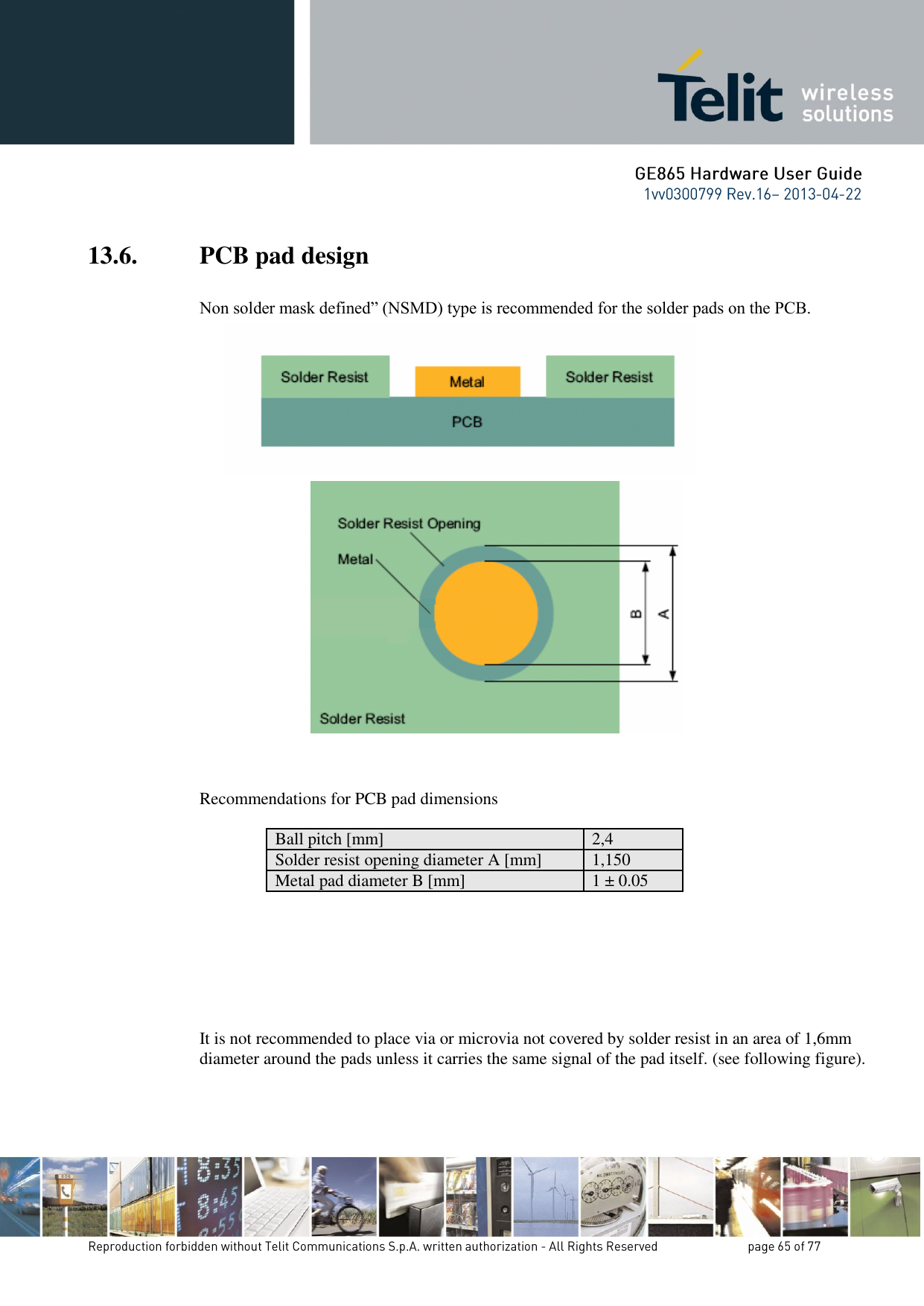 13.6. PCB pad design  Non solder mask defined” (NSMD) type is recommended for the solder pads on the PCB.                         Recommendations for PCB pad dimensions  Ball pitch [mm] 2,4 Solder resist opening diameter A [mm] 1,150 Metal pad diameter B [mm] 1 ± 0.05        It is not recommended to place via or microvia not covered by solder resist in an area of 1,6mm diameter around the pads unless it carries the same signal of the pad itself. (see following figure).    