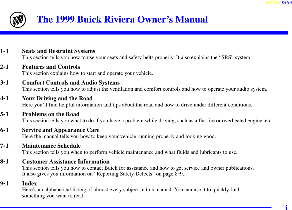 Buick Owner's Manual 1999 Riviera Owners