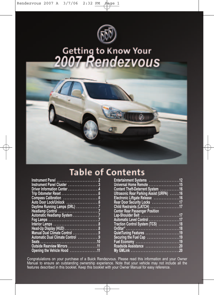 Buick 2007 Rendezvous Get To Know Manual Guide