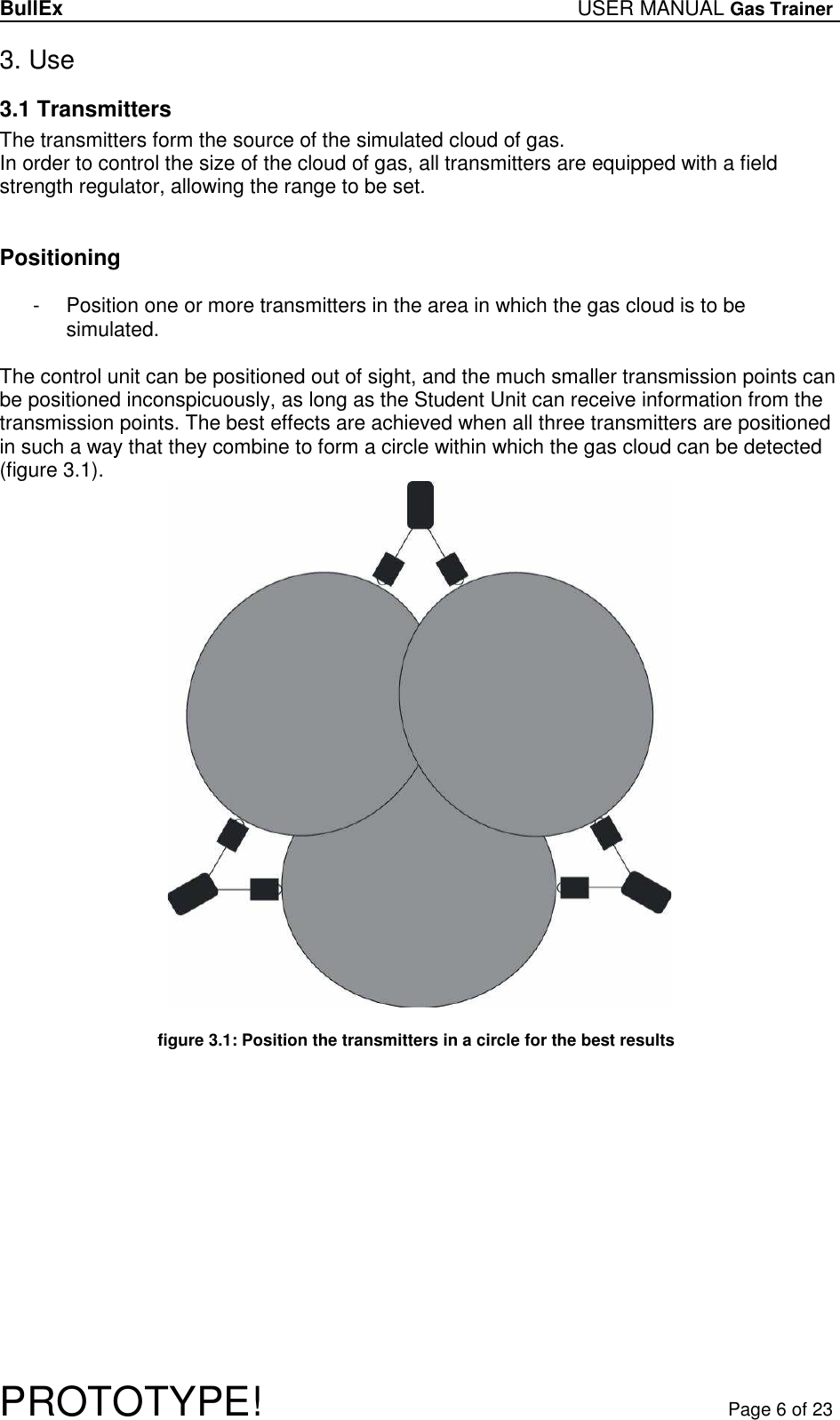 BullEx USER MANUAL Gas Trainer   PROTOTYPE!   Page 6 of 23 3. Use 3.1 Transmitters The transmitters form the source of the simulated cloud of gas. In order to control the size of the cloud of gas, all transmitters are equipped with a field strength regulator, allowing the range to be set.   Positioning  -  Position one or more transmitters in the area in which the gas cloud is to be simulated.  The control unit can be positioned out of sight, and the much smaller transmission points can be positioned inconspicuously, as long as the Student Unit can receive information from the transmission points. The best effects are achieved when all three transmitters are positioned in such a way that they combine to form a circle within which the gas cloud can be detected (figure 3.1).    figure 3.1: Position the transmitters in a circle for the best results  