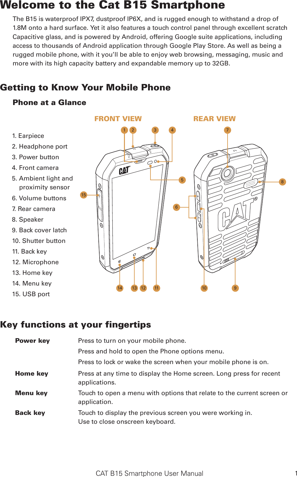 CAT B15 Smartphone User Manual 1Welcome to the Cat B15 SmartphoneThe B15 is waterproof IPX7, dustproof IP6X, and is rugged enough to withstand a drop of 1.8M onto a hard surface. Yet it also features a touch control panel through excellent scratch Capacitive glass, and is powered by Android, offering Google suite applications, including access to thousands of Android application through Google Play Store. As well as being a rugged mobile phone, with it you’ll be able to enjoy web browsing, messaging, music and more with its high capacity battery and expandable memory up to 32GB.Getting to Know Your Mobile Phone Phone at a GlanceKey functions at your fingertipsPower key  Press to turn on your mobile phone.     Press and hold to open the Phone options menu.    Press to lock or wake the screen when your mobile phone is on.Home key Press at any time to display the Home screen. Long press for recent applications.Menu key Touch to open a menu with options that relate to the current screen or application.Back key Touch to display the previous screen you were working in. Use to close onscreen keyboard.1. Earpiece2. Headphone port3. Power button4. Front camera5. Ambient light and proximity sensor6. Volume buttons7. Rear camera8. Speaker9. Back cover latch10. Shutter button11. Back key12. Microphone13. Home key14. Menu key15. USB port12 3 457689101112131415FRONT VIEW REAR VIEW