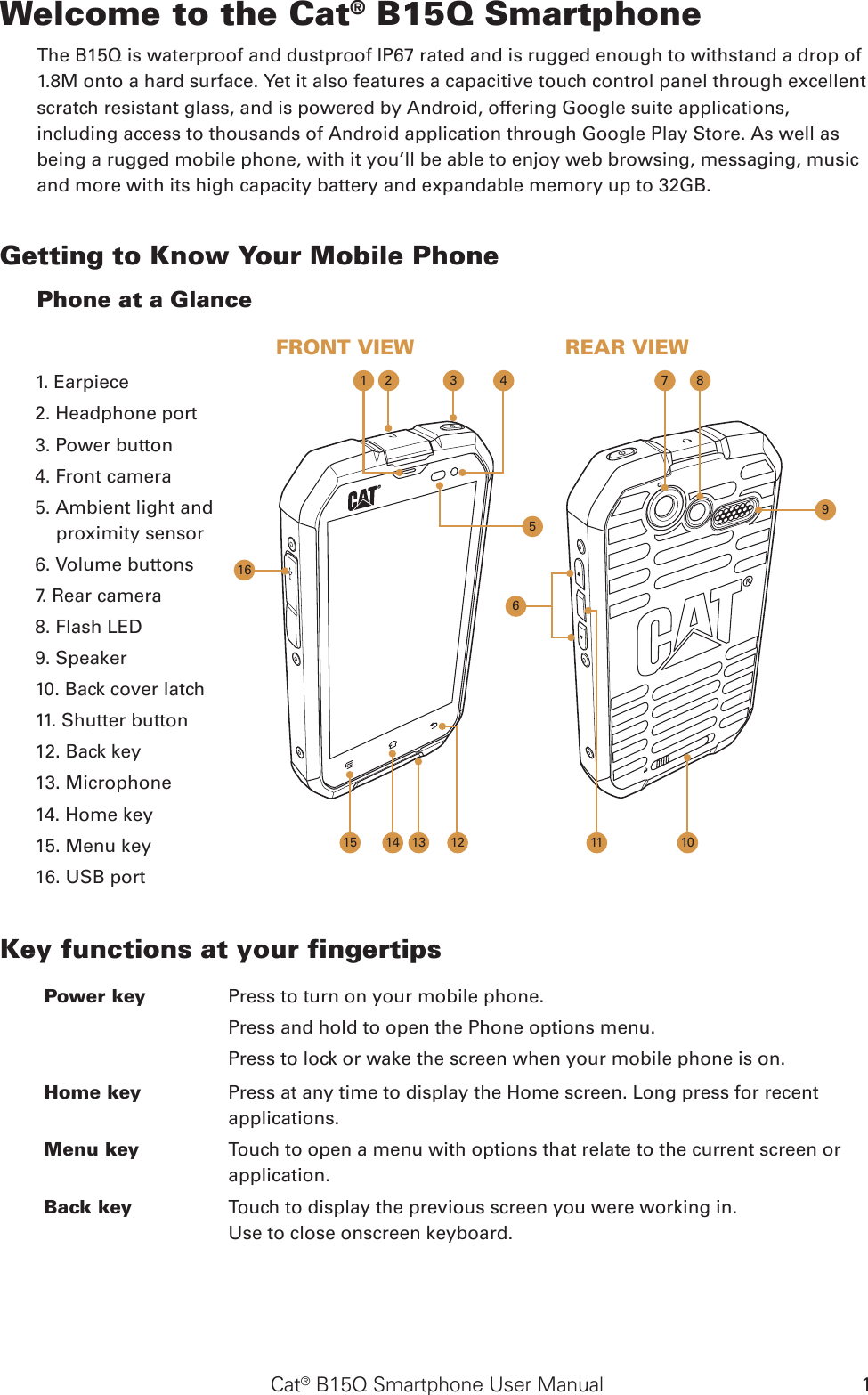 Cat® B15Q Smartphone User Manual 1Welcome to the Cat® B15Q SmartphoneThe B15Q is waterproof and dustproof IP67 rated and is rugged enough to withstand a drop of 1.8M onto a hard surface. Yet it also features a capacitive touch control panel through excellent scratch resistant glass, and is powered by Android, offering Google suite applications, including access to thousands of Android application through Google Play Store. As well as being a rugged mobile phone, with it you’ll be able to enjoy web browsing, messaging, music and more with its high capacity battery and expandable memory up to 32GB.Getting to Know Your Mobile Phone Phone at a GlanceKey functions at your fingertipsPower key  Press to turn on your mobile phone.     Press and hold to open the Phone options menu.    Press to lock or wake the screen when your mobile phone is on.Home key Press at any time to display the Home screen. Long press for recent applications.Menu key Touch to open a menu with options that relate to the current screen or application.Back key Touch to display the previous screen you were working in. Use to close onscreen keyboard.1. Earpiece2. Headphone port3. Power button4. Front camera5. Ambient light and proximity sensor6. Volume buttons7. Rear camera8. Flash LED9. Speaker10. Back cover latch11. Shutter button12. Back key13. Microphone14. Home key15. Menu key16. USB port12 3 4576910111213141516FRONT VIEW REAR VIEW8