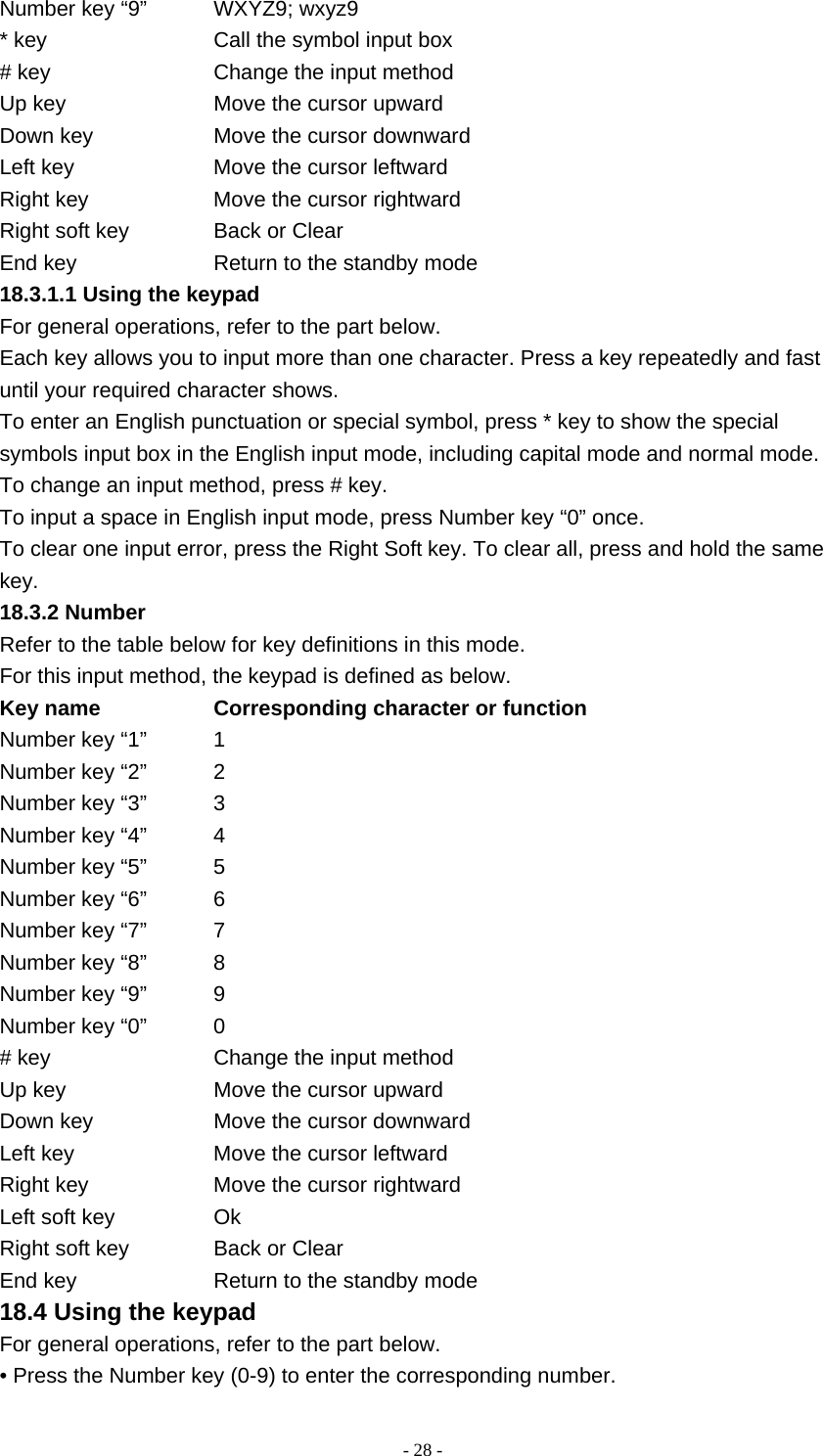   - 28 -Number key “9”      WXYZ9; wxyz9 * key          Call the symbol input box # key          Change the input method Up key         Move the cursor upward Down key        Move the cursor downward Left key        Move the cursor leftward Right key        Move the cursor rightward Right soft key      Back or Clear End key         Return to the standby mode 18.3.1.1 Using the keypad For general operations, refer to the part below. Each key allows you to input more than one character. Press a key repeatedly and fast until your required character shows. To enter an English punctuation or special symbol, press * key to show the special symbols input box in the English input mode, including capital mode and normal mode. To change an input method, press # key. To input a space in English input mode, press Number key “0” once. To clear one input error, press the Right Soft key. To clear all, press and hold the same key. 18.3.2 Number Refer to the table below for key definitions in this mode. For this input method, the keypad is defined as below. Key name        Corresponding character or function Number key “1”      1 Number key “2”      2 Number key “3”      3 Number key “4”      4 Number key “5”      5 Number key “6”      6 Number key “7”      7 Number key “8”      8 Number key “9”      9 Number key “0”      0 # key          Change the input method Up key         Move the cursor upward Down key        Move the cursor downward Left key        Move the cursor leftward Right key        Move the cursor rightward Left soft key       Ok Right soft key      Back or Clear End key        Return to the standby mode 18.4 Using the keypad For general operations, refer to the part below. • Press the Number key (0-9) to enter the corresponding number. 