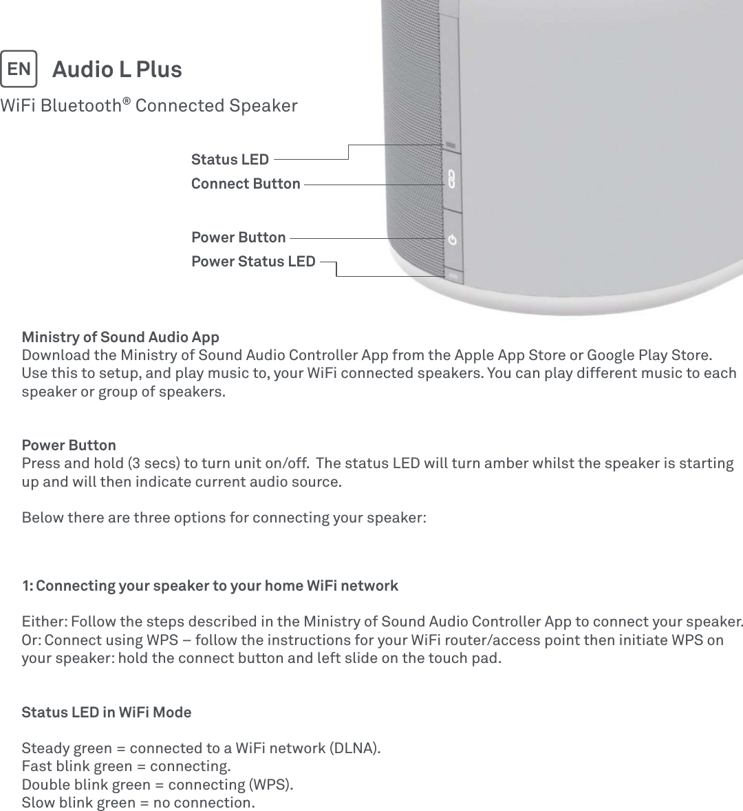 WiFi Bluetooth® Connected SpeakerAudio L PlusENMinistry of Sound Audio AppDownload the Ministry of Sound Audio Controller App from the Apple App Store or Google Play Store. Use this to setup, and play music to, your WiFi connected speakers. You can play different music to each speaker or group of speakers.Power ButtonPress and hold (3 secs) to turn unit on/off.  The status LED will turn amber whilst the speaker is starting up and will then indicate current audio source.Below there are three options for connecting your speaker:1: Connecting your speaker to your home WiFi networkEither: Follow the steps described in the Ministry of Sound Audio Controller App to connect your speaker.Or: Connect using WPS – follow the instructions for your WiFi router/access point then initiate WPS on your speaker: hold the connect button and left slide on the touch pad.Status LED in WiFi ModeSteady green = connected to a WiFi network (DLNA).Fast blink green = connecting.Double blink green = connecting (WPS).Slow blink green = no connection.Status LEDConnect ButtonPower ButtonPower Status LED