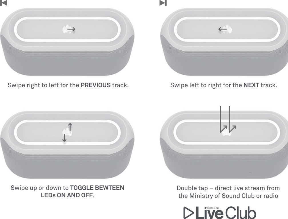 Swipe up or down to TOGGLE BEWTEEN LEDs ON AND OFF.Double tap – direct live stream from the Ministry of Sound Club or radioSwipe left to right for the NEXT track.Swipe right to left for the PREVIOUS track.