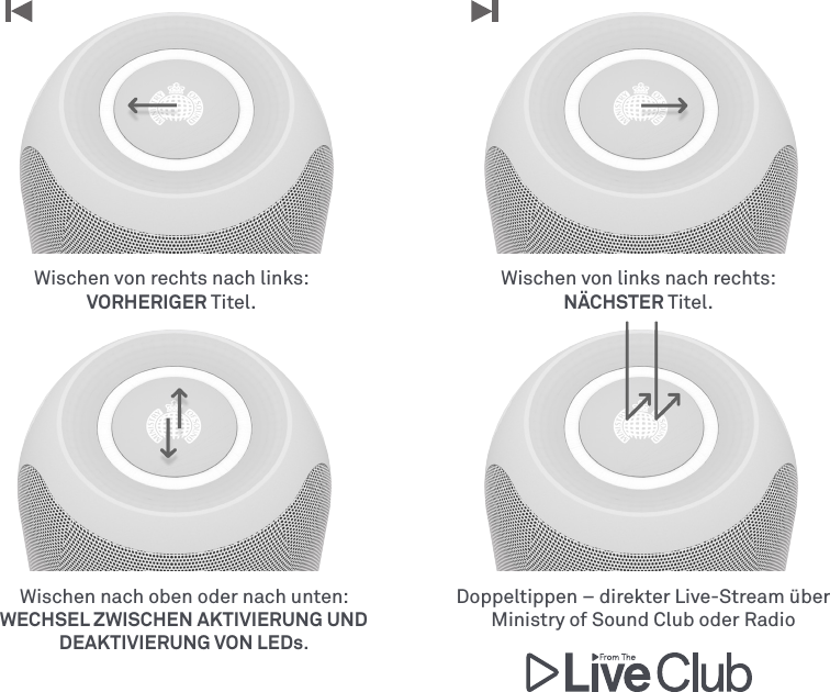 Wischen nach oben oder nach unten: WECHSEL ZWISCHEN AKTIVIERUNG UND DEAKTIVIERUNG VON LEDs.Doppeltippen – direkter Live-Stream über Ministry of Sound Club oder RadioWischen von links nach rechts: NÄCHSTER Titel.Wischen von rechts nach links: VORHERIGER Titel.