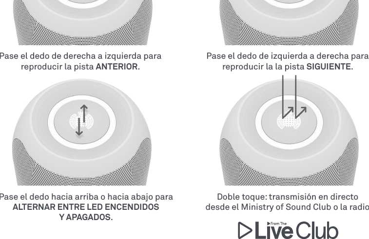 Pase el dedo hacia arriba o hacia abajo para ALTERNAR ENTRE LED ENCENDIDOS  Y APAGADOS.Doble toque: transmisión en directo desde el Ministry of Sound Club o la radioPase el dedo de izquierda a derecha para reproducir la la pista SIGUIENTE.Pase el dedo de derecha a izquierda para reproducir la pista ANTERIOR.