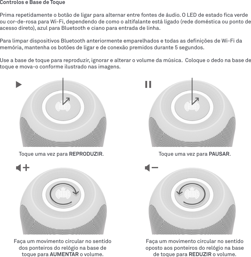 Controlos e Base de ToquePrima repetidamente o botão de ligar para alternar entre fontes de áudio. O LED de estado ﬁca verde ou cor-de-rosa para Wi-Fi, dependendo de como o altifalante está ligado (rede doméstica ou ponto de acesso direto), azul para Bluetooth e ciano para entrada de linha.Para limpar dispositivos Bluetooth anteriormente emparelhados e todas as deﬁnições de Wi-Fi da memória, mantenha os botões de ligar e de conexão premidos durante 5segundos.Use a base de toque para reproduzir, ignorar e alterar o volume da música.  Coloque o dedo na base de toque e mova-o conforme ilustrado nas imagens.Faça um movimento circular no sentido dos ponteiros do relógio na base de  toque para AUMENTAR o volume.Faça um movimento circular no sentido oposto aos ponteiros do relógio na base  de toque para REDUZIR o volume.Toque uma vez para REPRODUZIR. Toque uma vez para PAUSAR.