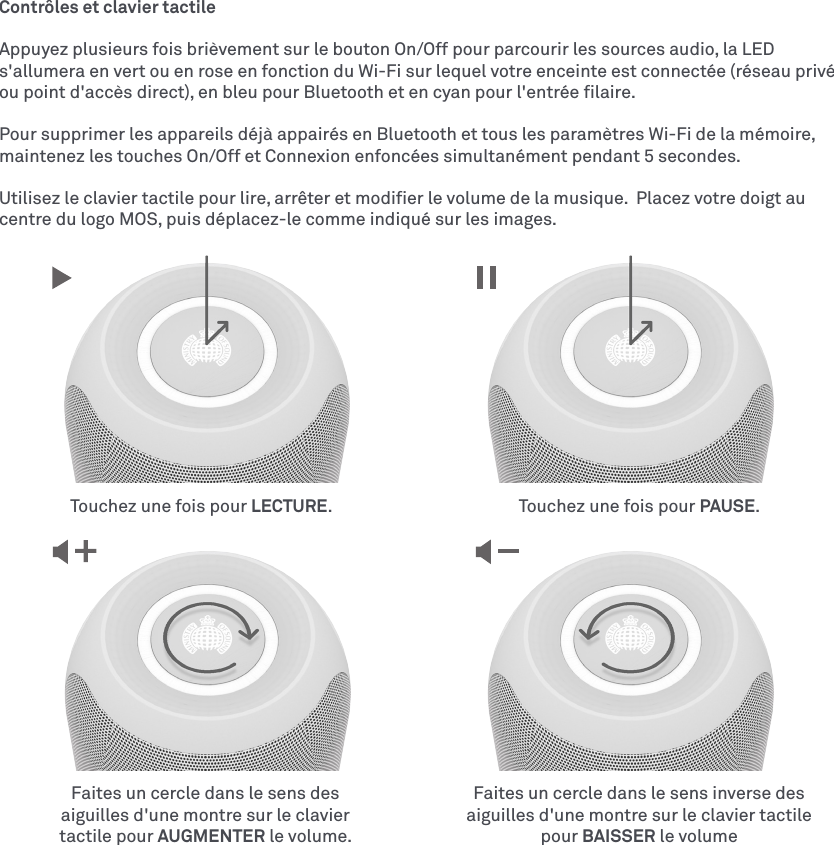 Contrôles et clavier tactileAppuyez plusieurs fois brièvement sur le bouton On/Off pour parcourir les sources audio, la LED s&apos;allumera en vert ou en rose en fonction du Wi-Fi sur lequel votre enceinte est connectée (réseau privé ou point d&apos;accès direct), en bleu pour Bluetooth et en cyan pour l&apos;entrée ﬁlaire.Pour supprimer les appareils déjà appairés en Bluetooth et tous les paramètres Wi-Fi de la mémoire, maintenez les touches On/Off et Connexion enfoncées simultanément pendant 5 secondes.Utilisez le clavier tactile pour lire, arrêter et modiﬁer le volume de la musique.  Placez votre doigt au centre du logo MOS, puis déplacez-le comme indiqué sur les images.Faites un cercle dans le sens des aiguilles d&apos;une montre sur le clavier tactile pour AUGMENTER le volume.Faites un cercle dans le sens inverse des aiguilles d&apos;une montre sur le clavier tactile pour BAISSER le volumeTouchez une fois pour LECTURE. Touchez une fois pour PAUSE.