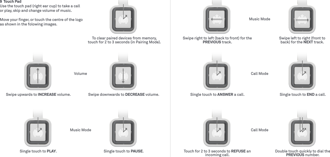 To clear paired devices from memory, touch for 2 to 3 seconds (in Pairing Mode). Swipe left to right (front to back) for the NEXT track.Swipe right to left (back to front) for the PREVIOUS track.Volume Call ModeMusic ModeMusic Mode Call ModeSwipe downwards to DECREASE volume. Single touch to END a call.Swipe upwards to INCREASE volume. Single touch to ANSWER a call.Single touch to PAUSE. Double touch quickly to dial the PREVIOUS number.Single touch to PLAY. Touch for 2 to 3 seconds to REFUSE an incoming call.9  Touch PadUse the touch pad (right ear cup) to take a call or play, skip and change volume of music.Move your ﬁnger, or touch the centre of the logo as shown in the folowing images.