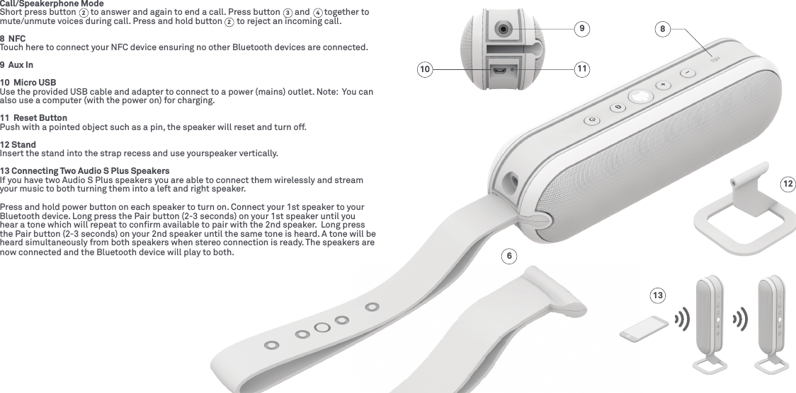 Call/Speakerphone ModeShort press button       to answer and again to end a call. Press button       and       together to mute/unmute voices during call. Press and hold button       to reject an incoming call.8  NFCTouch here to connect your NFC device ensuring no other Bluetooth devices are connected.9  Aux In10  Micro USBUse the provided USB cable and adapter to connect to a power (mains) outlet. Note:  You can also use a computer (with the power on) for charging. 11  Reset ButtonPush with a pointed object such as a pin, the speaker will reset and turn off.12 StandInsert the stand into the strap recess and use yourspeaker vertically.13 Connecting Two Audio S Plus SpeakersIf you have two Audio S Plus speakers you are able to connect them wirelessly and stream your music to both turning them into a left and right speaker.Press and hold power button on each speaker to turn on. Connect your 1st speaker to your Bluetooth device. Long press the Pair button (2-3 seconds) on your 1st speaker until you hear a tone which will repeat to conﬁrm available to pair with the 2nd speaker.  Long press the Pair button (2-3 seconds) on your 2nd speaker until the same tone is heard. A tone will be heard simultaneously from both speakers when stereo connection is ready. The speakers are now connected and the Bluetooth device will play to both.223481213611109