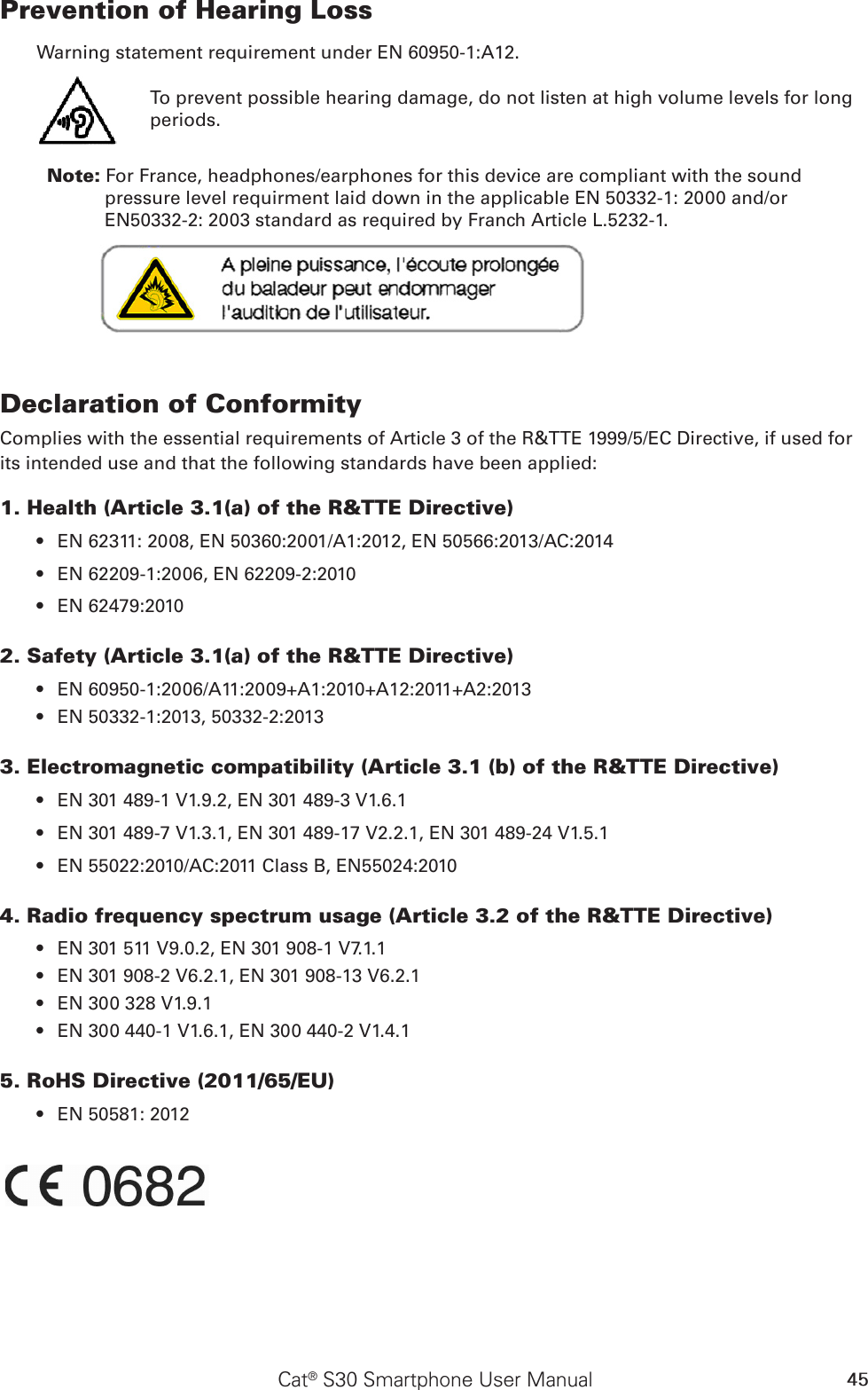 45Cat® S30 Smartphone User ManualPrevention of Hearing Loss Warning statement requirement under EN 60950-1:A12.To prevent possible hearing damage, do not listen at high volume levels for long periods.           Note: For France, headphones/earphones for this device are compliant with the sound pressure level requirment laid down in the applicable EN 50332-1: 2000 and/or EN50332-2: 2003 standard as required by Franch Article L.5232-1.Declaration of ConformityComplies with the essential requirements of Article 3 of the R&amp;TTE 1999/5/EC Directive, if used for its intended use and that the following standards have been applied:1. Health (Article 3.1(a) of the R&amp;TTE Directive)EN 62311: 2008, EN 50360:2001/A1:2012, EN 50566:2013/AC:2014• EN 62209-1:2006, EN 62209-2:2010• EN 62479:2010• 2. Safety (Article 3.1(a) of the R&amp;TTE Directive)EN 60950-1:2006/A11:2009+A1:2010+A12:2011+A2:2013• EN 50332-1:2013, 50332-2:2013• 3. Electromagnetic compatibility (Article 3.1 (b) of the R&amp;TTE Directive)EN 301 489-1 V1.9.2, EN 301 489-3 V1.6.1• EN 301 489-7 V1.3.1, EN 301 489-17 V2.2.1, EN 301 489-24 V1.5.1• EN 55022:2010/AC:2011 Class B, EN55024:2010• 4. Radio frequency spectrum usage (Article 3.2 of the R&amp;TTE Directive)EN 301 511 V9.0.2, EN 301 908-1 V7.1.1• EN 301 908-2 V6.2.1, EN 301 908-13 V6.2.1• EN 300 328 V1.9.1• EN 300 440-1 V1.6.1, EN 300 440-2 V1.4.1• 5. RoHS Directive (2011/65/EU)EN 50581: 2012• 