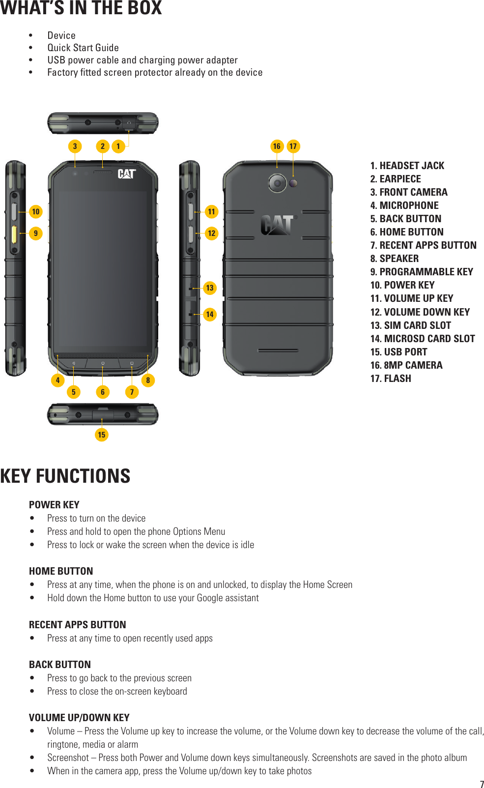 7 WHAT’S IN THE BOX •  Device•  Quick Start Guide•  USB power cable and charging power adapter•  Factory  tted screen protector already on the device KEY FUNCTIONS  POWER KEY •  Press to turn on the device •  Press and hold to open the phone Options Menu •  Press to lock or wake the screen when the device is idle HOME BUTTON •   Press at any time, when the phone is on and unlocked, to display the Home Screen•  Hold down the Home button to use your Google assistant RECENT APPS BUTTON •   Press at any time to open recently used apps BACK BUTTON •  Press to go back to the previous screen •  Press to close the on-screen keyboard VOLUME UP/DOWN KEY •  Volume – Press the Volume up key to increase the volume, or the Volume down key to decrease the volume of the call, ringtone, media or alarm •  Screenshot – Press both Power and Volume down keys simultaneously. Screenshots are saved in the photo album•  When in the camera app, press the Volume up/down key to take photos 1. HEADSET JACK 2. EARPIECE  3. FRONT CAMERA 4. MICROPHONE5. BACK BUTTON 6. HOME BUTTON7. RECENT APPS BUTTON 8. SPEAKER 9. PROGRAMMABLE KEY 10. POWER KEY 11. VOLUME UP KEY 12. VOLUME DOWN KEY 13. SIM CARD SLOT 14. MICROSD CARD SLOT 15. USB PORT 16. 8MP CAMERA 17. FLASH13 21097865131416111217154