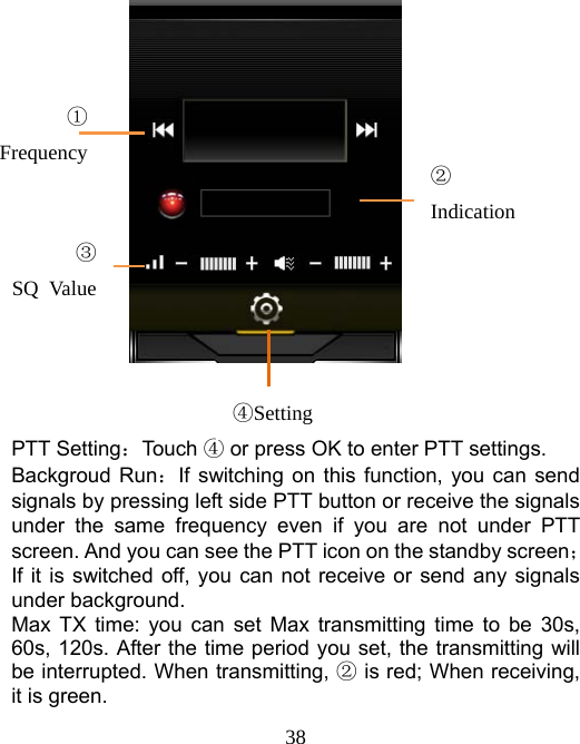   38                                                     PTT Setting：Touch ④ or press OK to enter PTT settings. Backgroud Run：If switching on this function, you can send signals by pressing left side PTT button or receive the signals under the same frequency even if you are not under PTT screen. And you can see the PTT icon on the standby screen；If it is switched off, you can not receive or send any signals under background. Max TX time: you can set Max transmitting time to be 30s, 60s, 120s. After the time period you set, the transmitting will be interrupted. When transmitting, ② is red; When receiving, it is green. ①Frequency   ③ SQ Value ②Indication ④Setting 