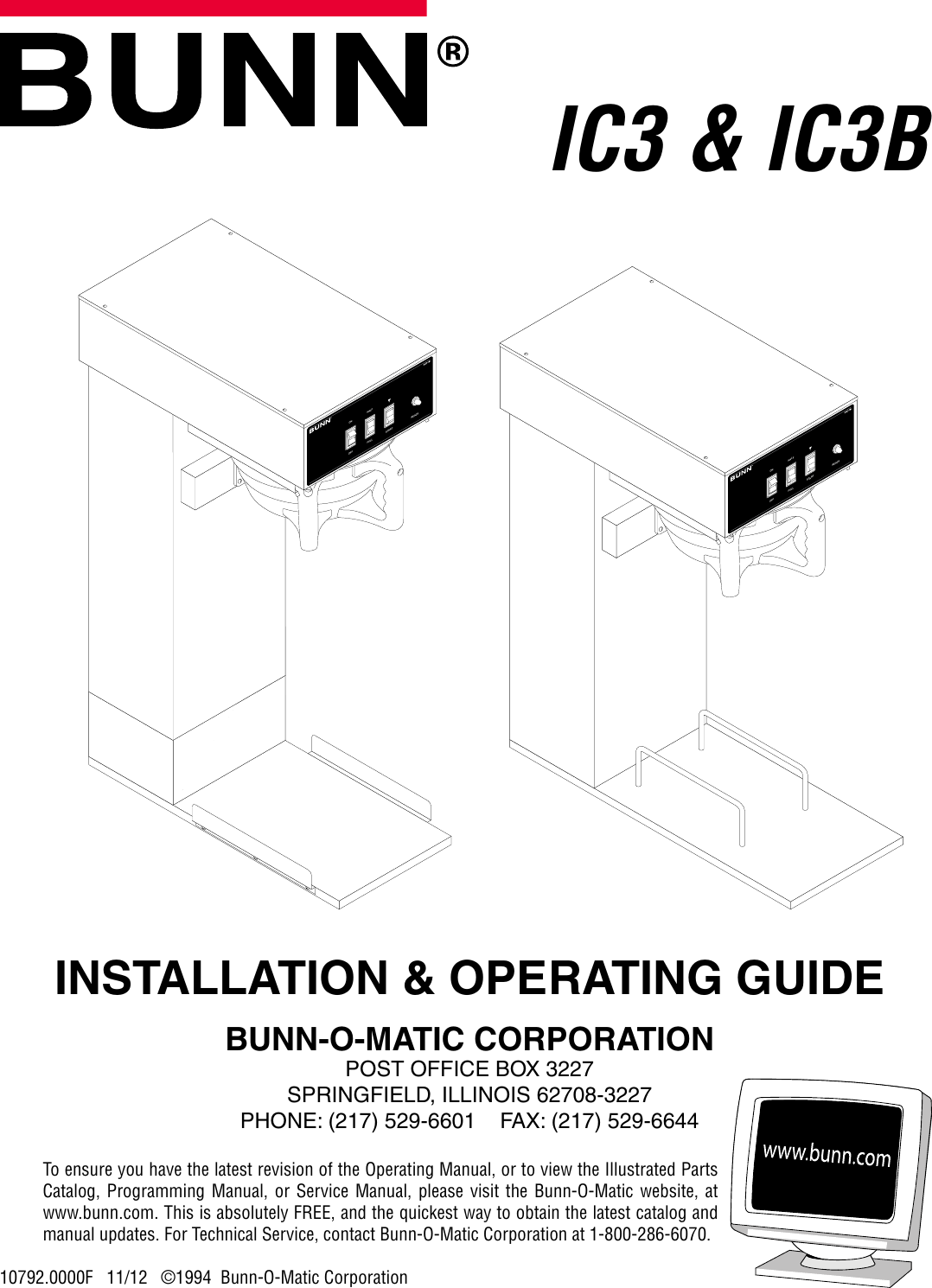 Page 1 of 9 - Bunn Bunn-Bunn-Beverage-Dispenser-Ic3B-Users-Manual- Installation, Operating, IC3 & IC3B Installation Operating Guide  Bunn-bunn-beverage-dispenser-ic3b-users-manual