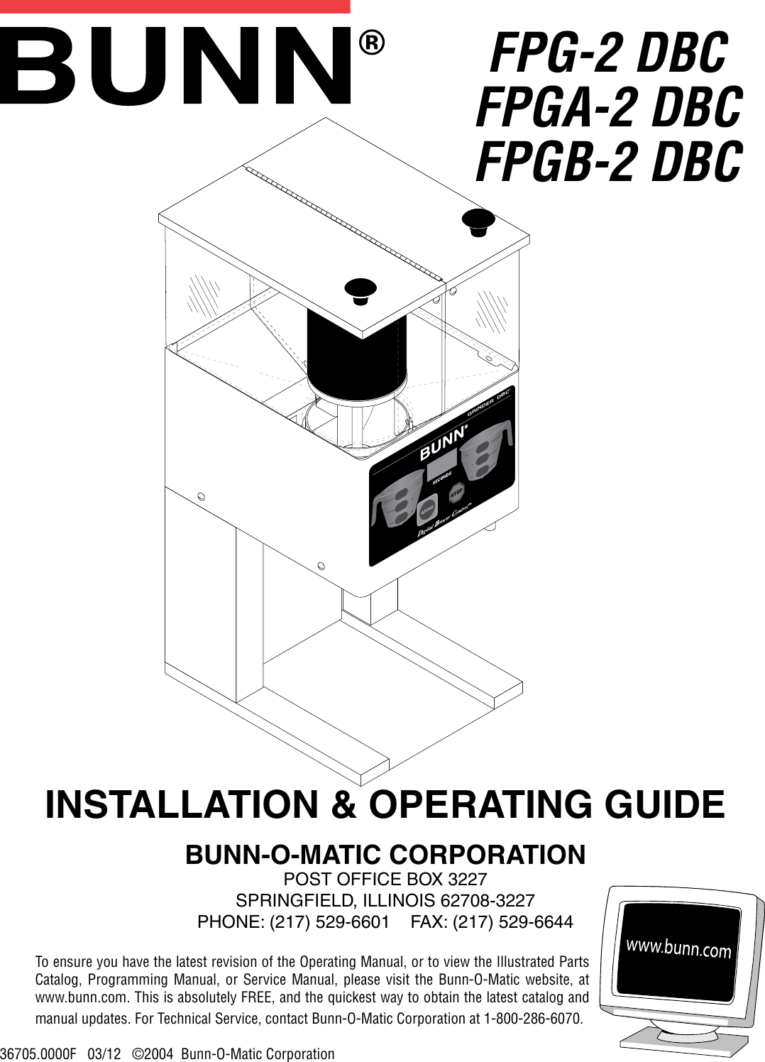 Page 1 of 6 - Bunn Bunn-Bunn-Water-Dispenser-Fpga-2-Dbc-Users-Manual- Installation, Operating, FPG-2 DBC, FPGA-2 FPGB-2 DBC Installation & Operating Guide Bunn-bunn-water-dispenser-fpga-2-dbc-users-manual