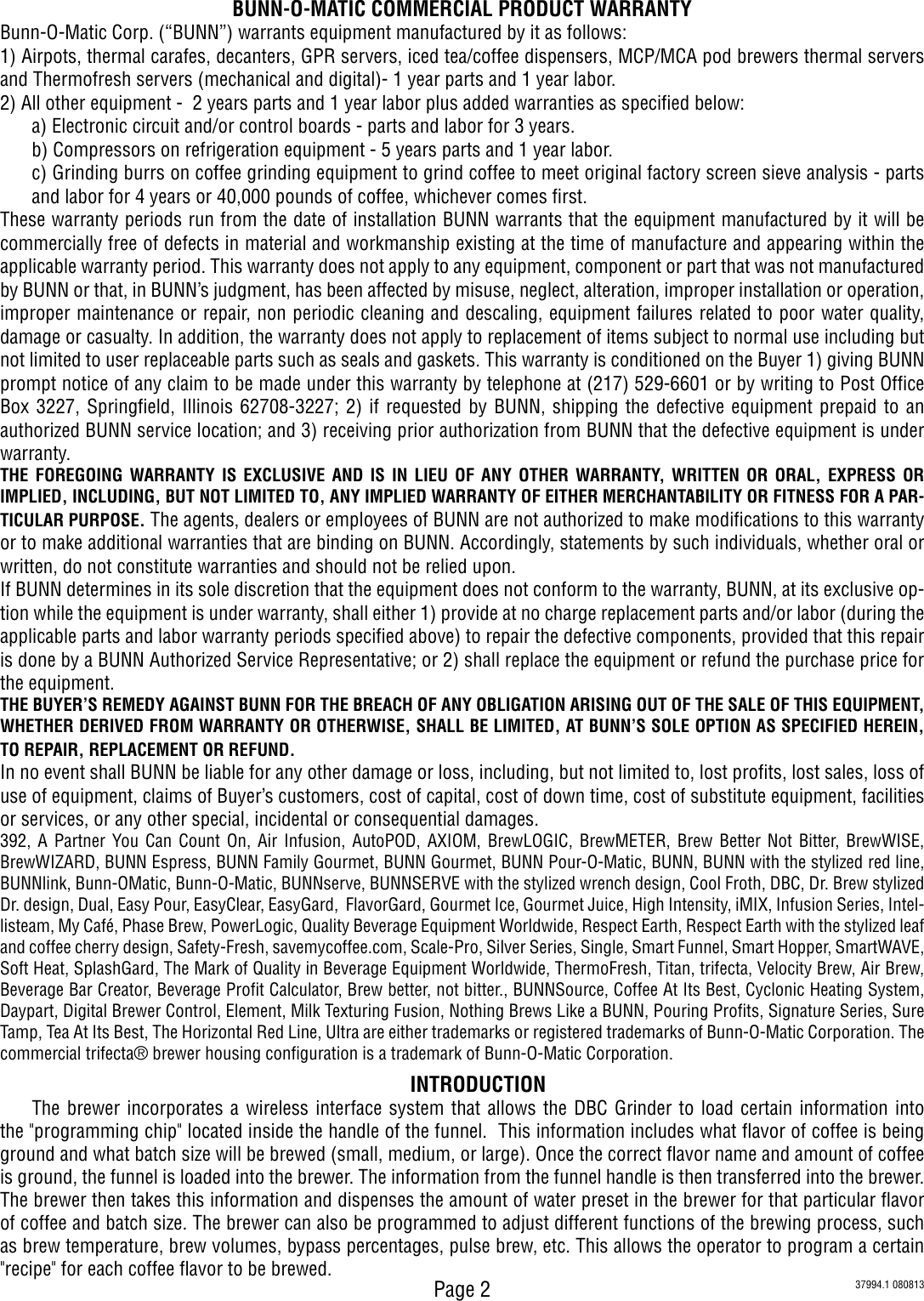 Page 2 of 9 - Bunn Bunn-Single-Gpr-Dbc-Owner-S-Manual Installation, Operating, SINGLE GPR DBC-DV With Smart Funnel Dual Voltage  Installation & Operating Guide