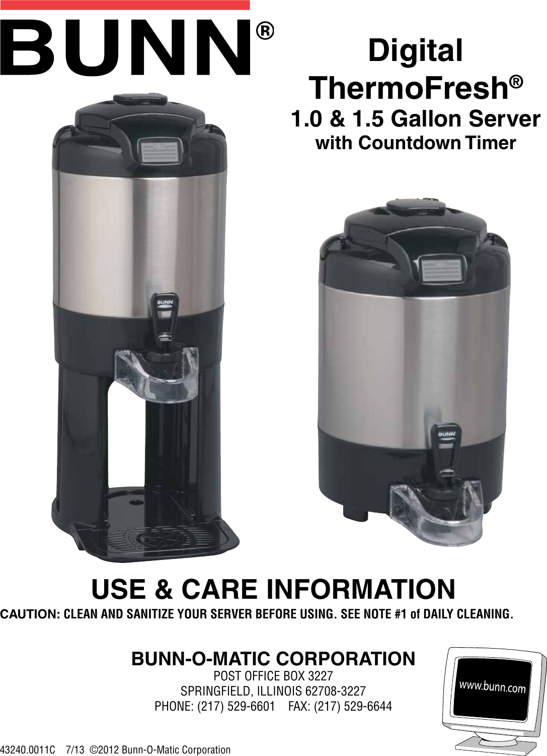 Page 1 of 7 - Bunn Bunn-Tf-Server-Dsg2-1-1-5-W-Count-Down-Timer-Owner-S-Manual Use, Care, Digital ThermoFresh 1.0 & 1.5 Gallon Server Use Care Information