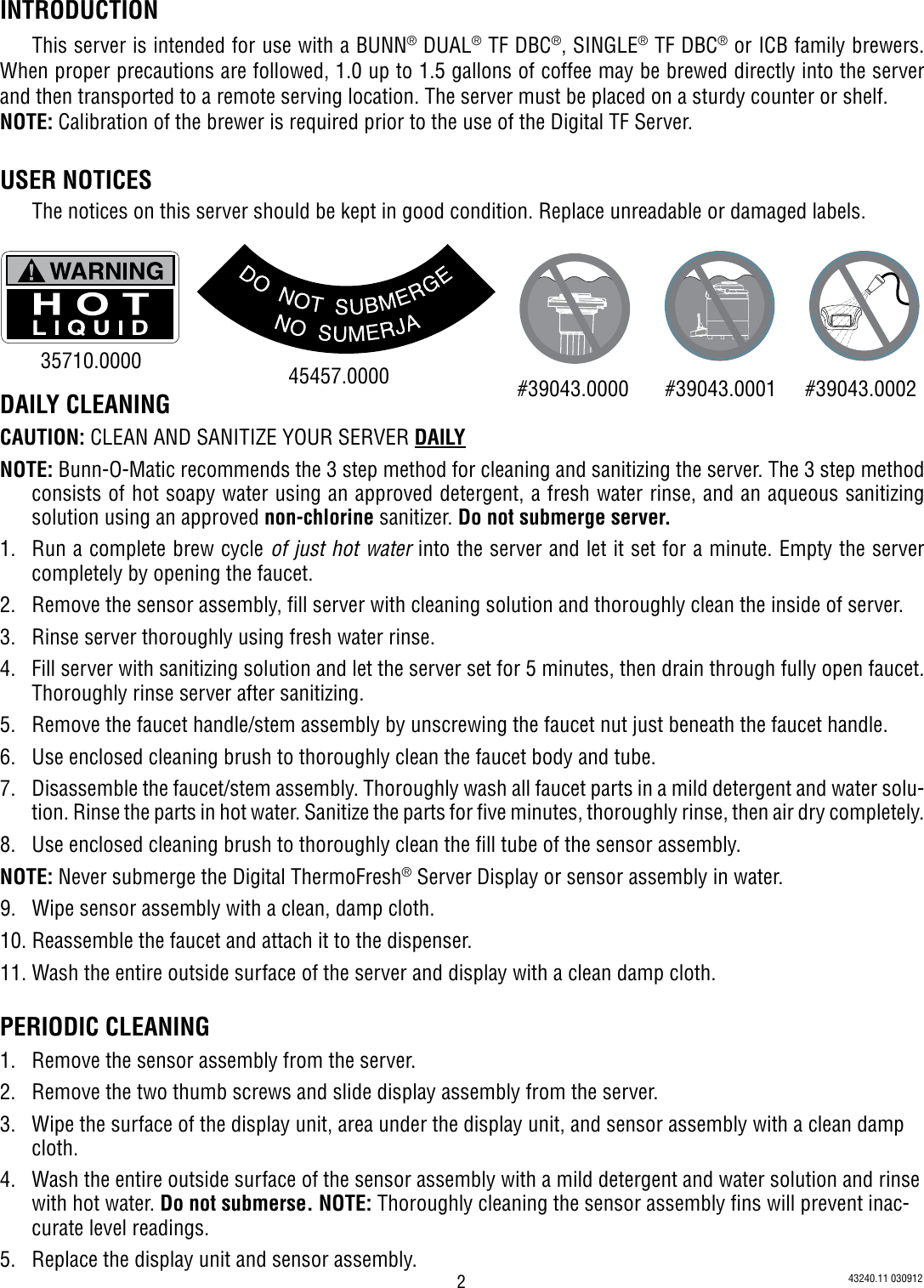 Page 2 of 7 - Bunn Bunn-Tf-Server-Dsg2-1-1-5-W-Count-Down-Timer-Owner-S-Manual Use, Care, Digital ThermoFresh 1.0 & 1.5 Gallon Server Use Care Information