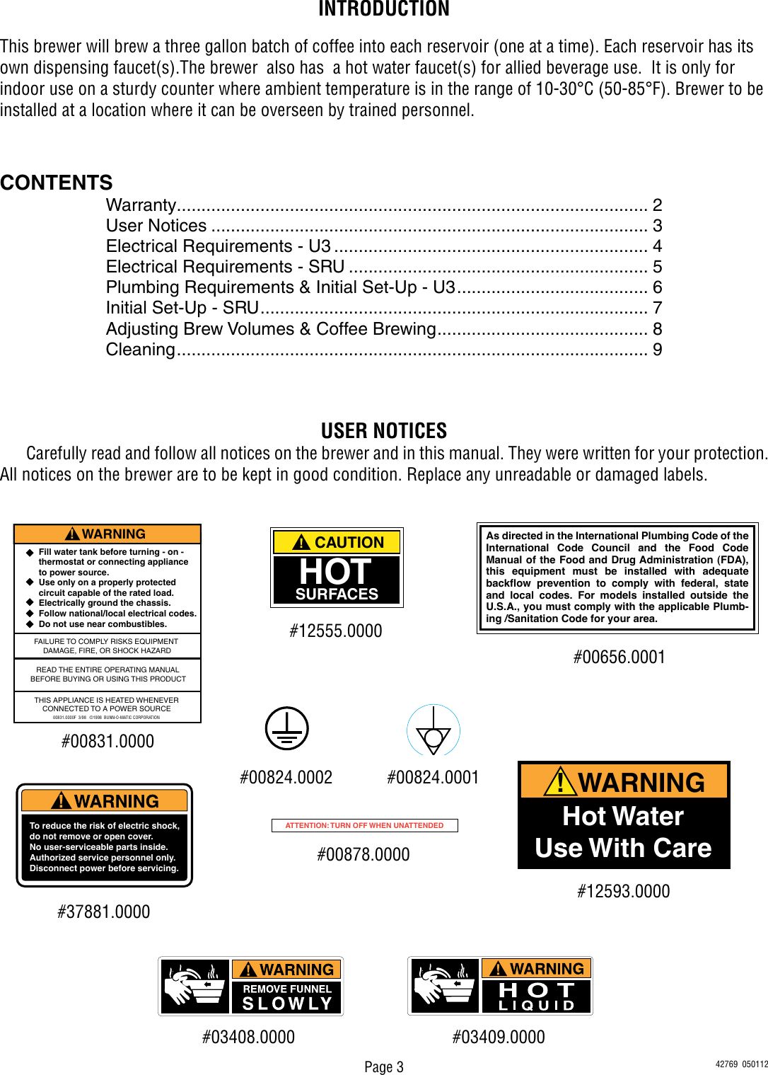 Page 3 of 9 - Bunn Bunn-U3-U3-With-Shroud-Owner-S-Manual Installation, Operating, U3/SRU Installation & Operating Guide