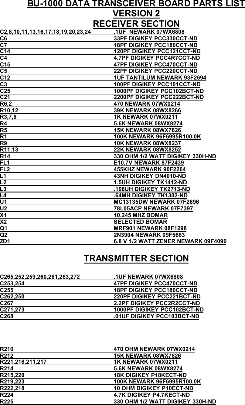 BU-1000 DATA TRANSCEIVER BOARD PARTS LISTVERSION 2RECEIVER SECTIONC2,8,10,11,13,16,17,18,19,20,23,24               .1UF  NEWARK 07WX6808                                     C6                                                                    33PF DIGIKEY PCC330CCT-NDC7                                                                    18PF DIGIKEY PCC180CCT-NDC14                                                                  120PF DIGIKEY PCC121CCT-NDC4                                                                    4.7PF DIGIKEY PCC4R7CCT-NDC15                                                                  47PF DIGIKEY PCC470CCT-NDC5                                                                    22PF DIGIKEY PCC220CCT-NDC12                                                                  1UF TANTILUM NEWARK 93F2694C3                                                                    100PF DIGIKEY PCC101CCT-NDC25                                                                  1000PF DIGIKEY PCC102BCT-NDC21                                                                  2200PF DIGIKEY PCC222BCT-NDR6,2                                                                 470 NEWARK 07WX0214R10,12                                                             39K NEWARK 08WX8266R3,7,8                                                              1K NEWARK 07WX0211R4                                                                    5.6K NEWARK 08WX8274R5                                                                    15K NEWARK 08WX7826R1                                                                    100K NEWARK 96F6995R100.0KR9                                                                    10K NEWARK 08WX8237R11,13                                                             22K NEWARK 08WX8252R14                                                                  330 OHM 1/2 WATT DIGIKEY 330H-NDFL1                                                                  E10.7V NEWARK 87F2439FL2                                                                  455KHZ NEWARK 90F2264L1                                                                    43NH DIGIKEY DN4010-NDL2                                                                    1.5UH DIGIKEY TK1412-NDL3                                                                    .108UH DIGIKEY TK2713-NDL4                                                                    .64MH DIGIKEY TK1302-NDU1                                                                    MC13135DW NEWARK 07F2896U2                                                                    78L05ACP NEWARK 07F7397X1                                                                    10.245 MHZ BOMARX2                                                                    SELECTED BOMAR             Q1                                                                    MRF901 NEWARK 08F1298Q2                                                                    2N3904 NEWARK 09F5663                       ZD1                                                                  6.8 V 1/2 WATT ZENER NEWARK 09F4090TRANSMITTER SECTIONC265,252,259,260,261,263,272                      .1UF NEWARK 07WX6808                        C253,254                                                         47PF DIGIKEY PCC470CCT-NDC255                                                                18PF DIGIKEY PCC180CCT-ND                    C262,250                                                         220PF DIGIKEY PCC221BCT-NDC267                                                                2.2PF DIGIKEY PCC2R2CCT-ND              C271,273                                                         1000PF DIGIKEY PCC102BCT-NDC268                                                                .01UF DIGIKEY PCC103BCT-ND         R210                                                                470 OHM NEWARK 07WX0214R212                                                                15K NEWARK 08WX7826                   R221,216,211,217                                           1K NEWARK 07WX0211R214                                                                5.6K NEWARK 08WX8274                    R215,220                                                         18K DIGIKEY P18KECT-NDR219,223                                                         100K NEWARK 96F6995R100.0K               R222,218                                                         10 OHM DIGIKEY P10ECT-NDR224                                                                4.7K DIGIKEY P4.7KECT-ND                R225                                                                330 OHM 1/2 WATT DIGIKEY 330H-ND