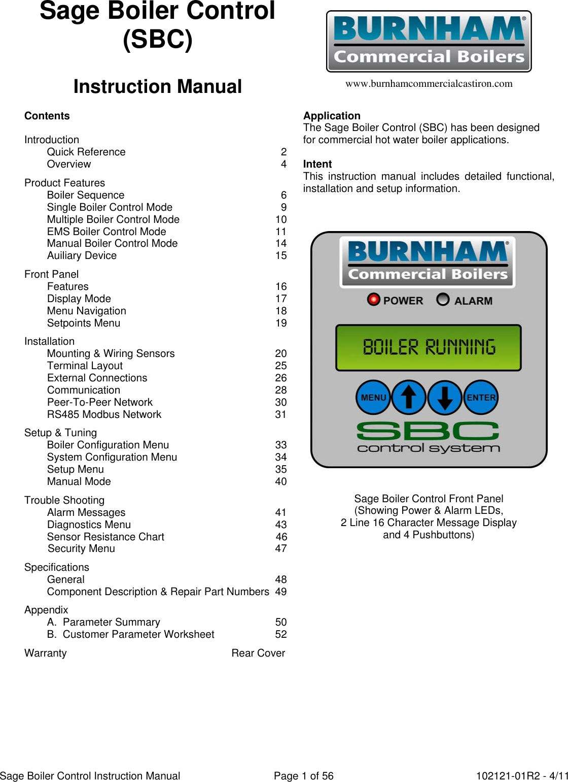 Burnham Sage Boiler Control Instruction Manual 1a Controller