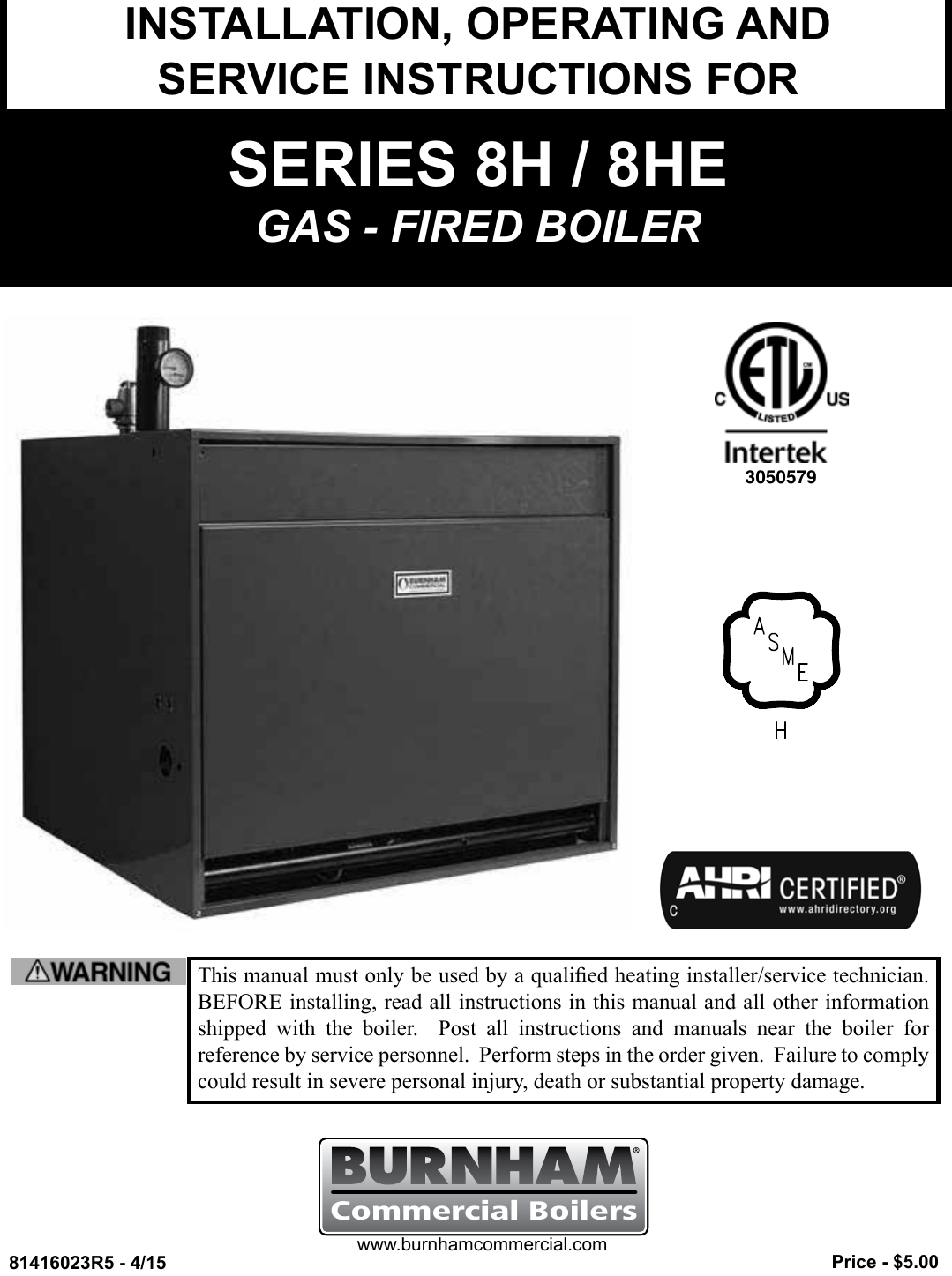 Burnham Series 8H 8He Boiler Installation And Operation Manual