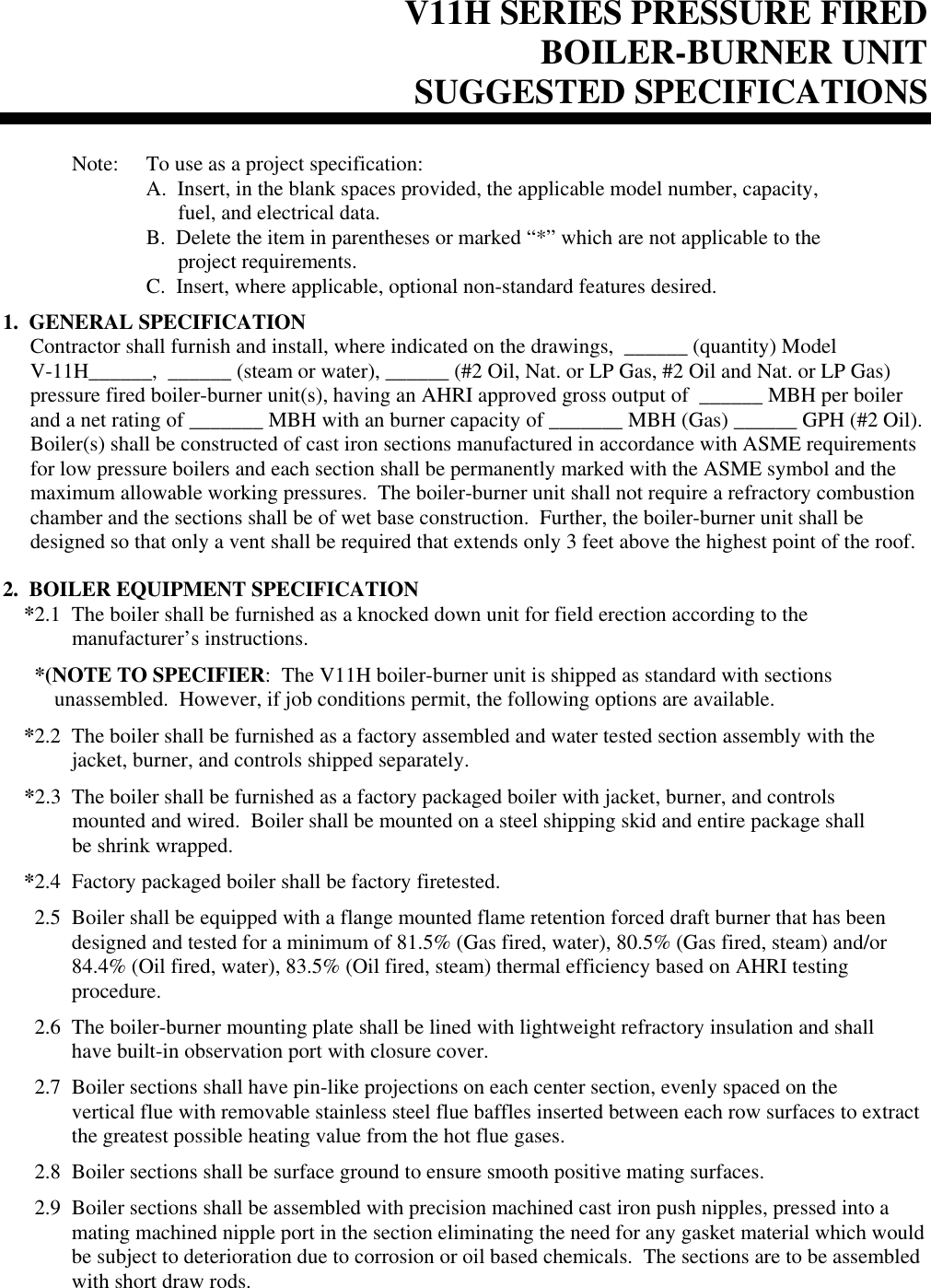 Page 1 of 4 - Burnham Burnham-V11H-Boiler-Specification-Sheet V11H Series Pressure Fired Specifications