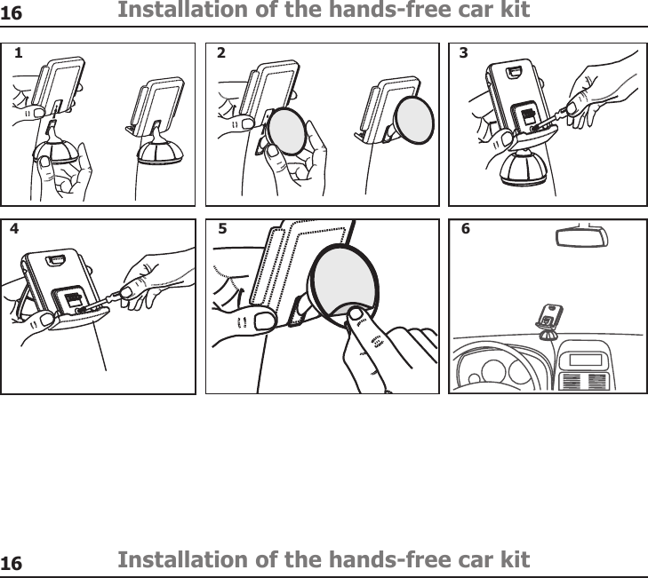 1616Installation of the hands-free car kitInstallation of the hands-free car kit1 2 34 5 6