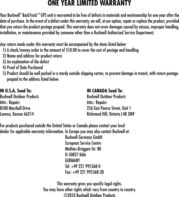 Page 11 of 12 - Bushnell Bushnell-Backtrack-360200-Users-Manual-  Bushnell-backtrack-360200-users-manual