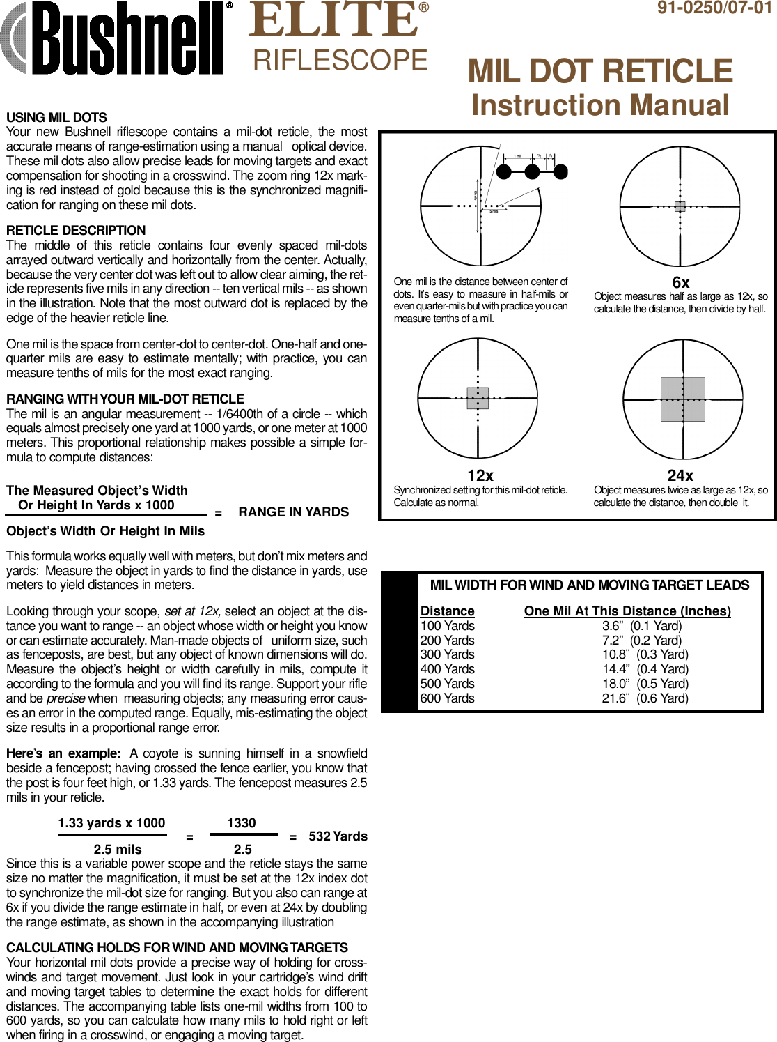 Page 1 of 1 - Bushnell Bushnell-Elite-Mil-Dot-Reticle-Owner-S-Manual