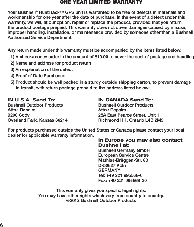 Page 6 of 8 - Bushnell Bushnell-Hunttrack-Quick-Start-Guide-English-Quick-Start-Guide