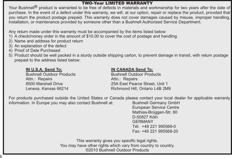 Page 6 of 8 - Bushnell Bushnell-Night-Watch-263230Cl-Users-Manual-  Bushnell-night-watch-263230cl-users-manual