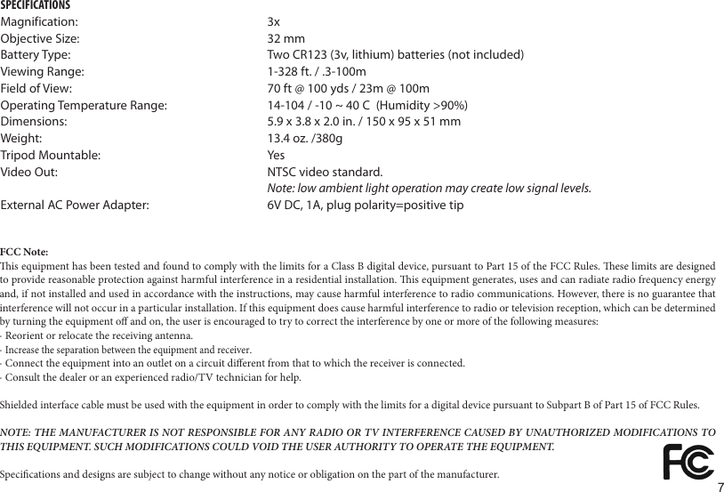 Page 7 of 8 - Bushnell Bushnell-Night-Watch-263230Cl-Users-Manual-  Bushnell-night-watch-263230cl-users-manual