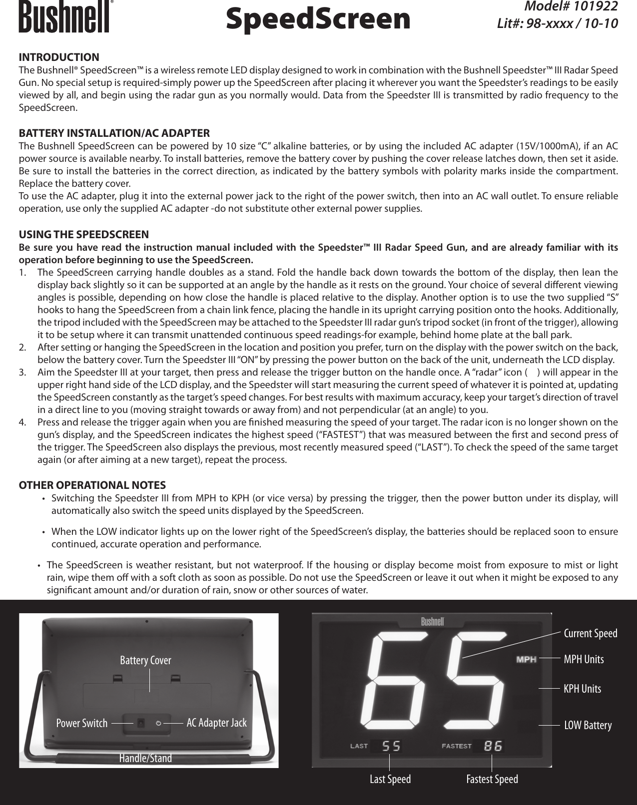 Page 1 of 2 - Bushnell Bushnell-Speed-Screen-101922-Owner-S-Manual 101922 SpeedScreen Manual_1LIM