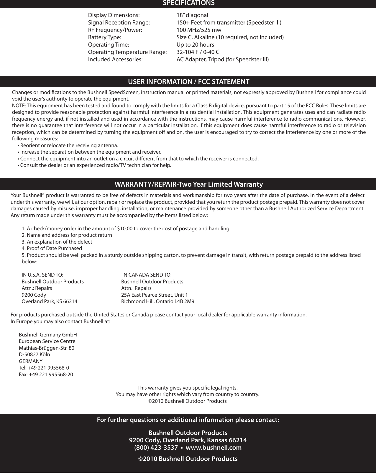 Page 2 of 2 - Bushnell Bushnell-Speed-Screen-101922-Owner-S-Manual 101922 SpeedScreen Manual_1LIM