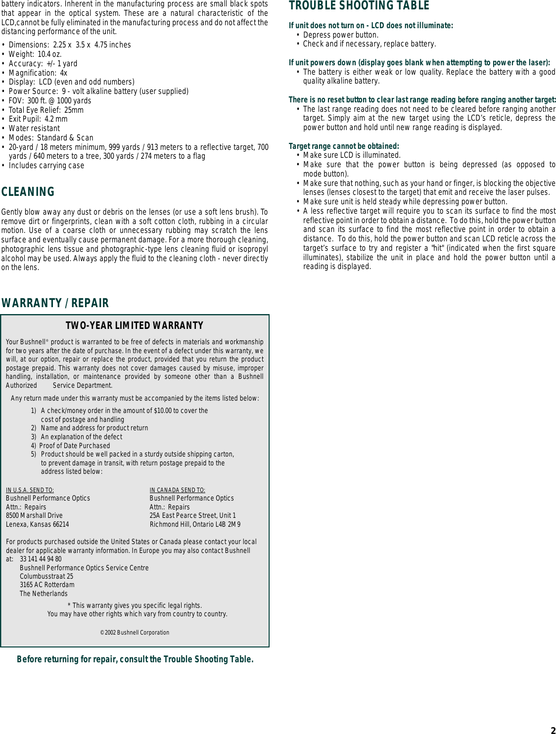 Page 2 of 2 - Bushnell Bushnell-Yardage-Pro-600-200602-Owner-S-Manual