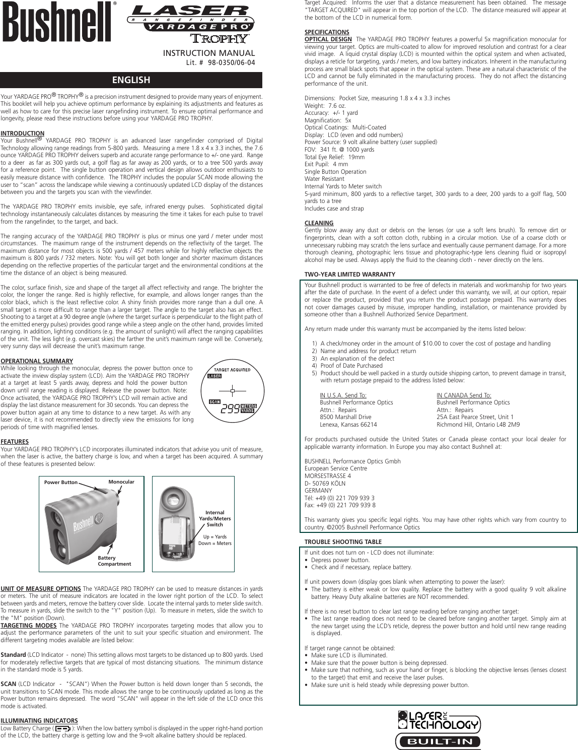 Page 1 of 6 - Bushnell Bushnell-Yardage-Pro-Trophy-202018-Owner-S-Manual 20-2018 6LIM Web