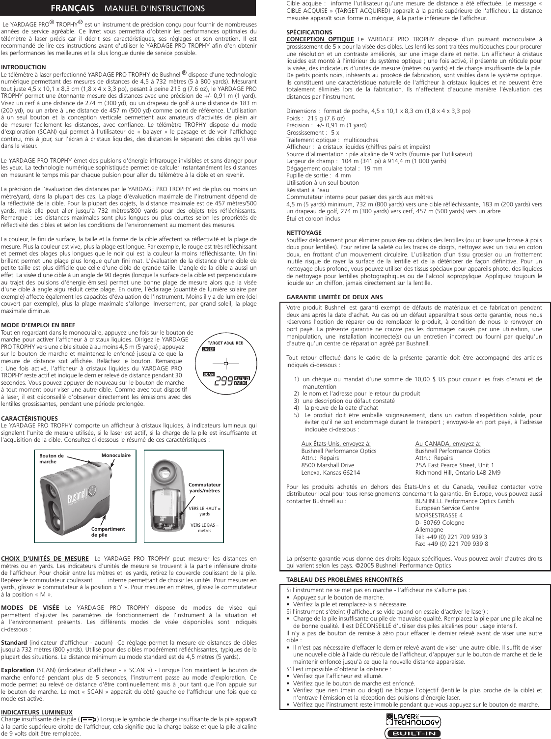 Page 2 of 6 - Bushnell Bushnell-Yardage-Pro-Trophy-202018-Owner-S-Manual 20-2018 6LIM Web