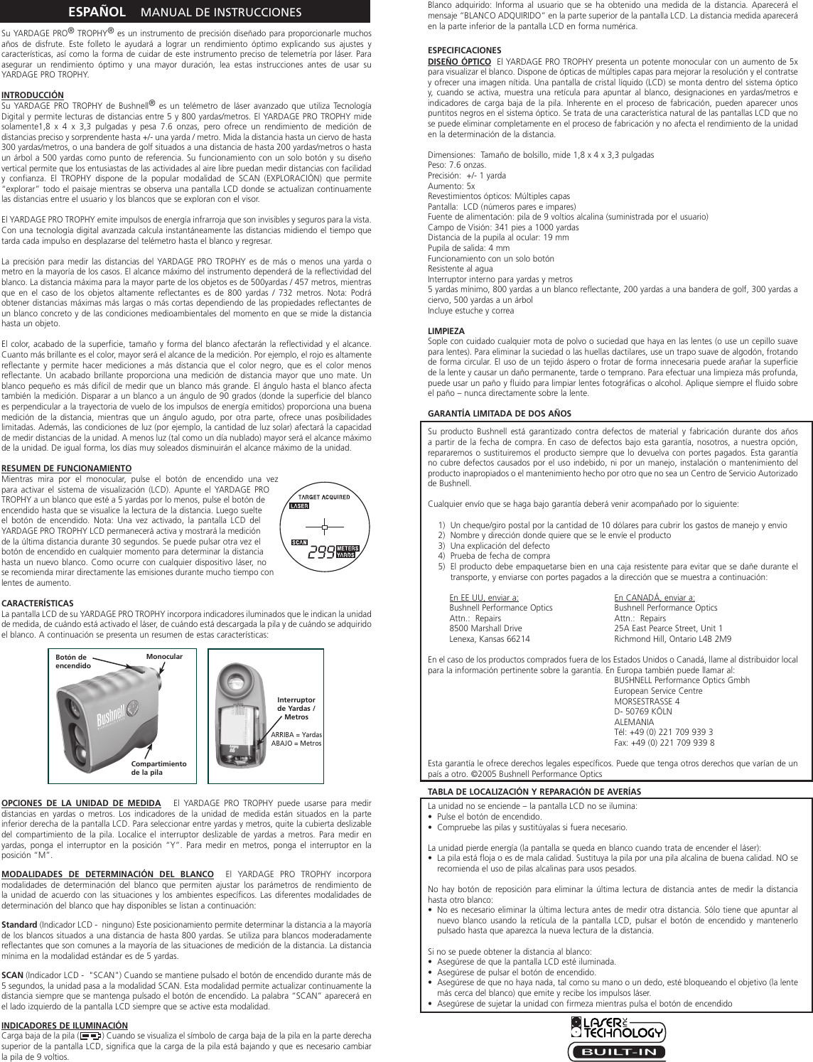 Page 3 of 6 - Bushnell Bushnell-Yardage-Pro-Trophy-202018-Owner-S-Manual 20-2018 6LIM Web