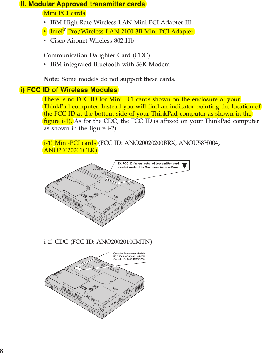 II. Modular Approved transmitter cardsMini PCI cardsvIBM High Rate Wireless LAN Mini PCI Adapter IIIvIntel®Pro/Wireless LAN 2100 3B Mini PCI AdaptervCisco Aironet Wireless 802.11bCommunication Daughter Card (CDC)vIBM integrated Bluetooth with 56K ModemNote: Some models do not support these cards.i) FCC ID of Wireless ModulesThere is no FCC ID for Mini PCI cards shown on the enclosure of yourThinkPad computer. Instead you will find an indicator pointing the location ofthe FCC ID at the bottom side of your ThinkPad computer as shown in thefigure i-1). As for the CDC, the FCC ID is affixed on your ThinkPad computeras shown in the figure i-2).i-1) Mini-PCI cards (FCC ID: ANO20020200BRX, ANOU58H004,ANO20020201CLK)i-2) CDC (FCC ID: ANO20020100MTN)Contains Transmitter ModuleFCC ID: ANO20020100MTNCanada IC: 349E-BMDC2008