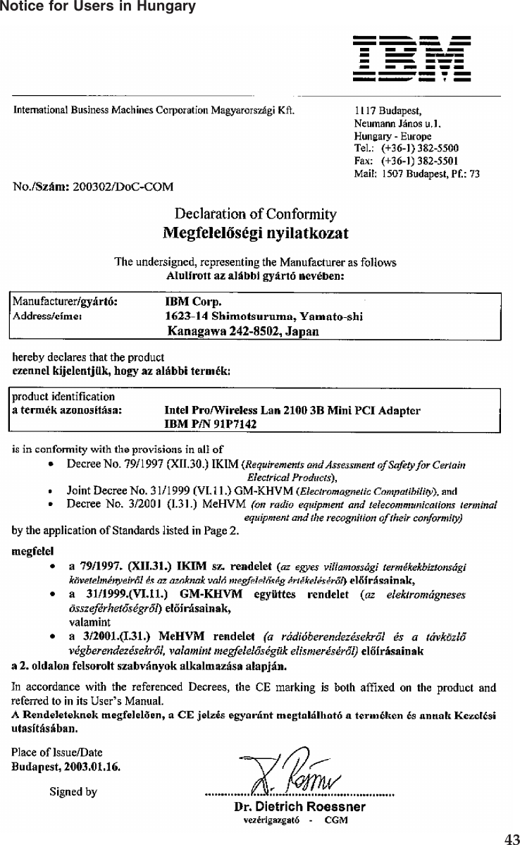 Notice for Users in Hungary43