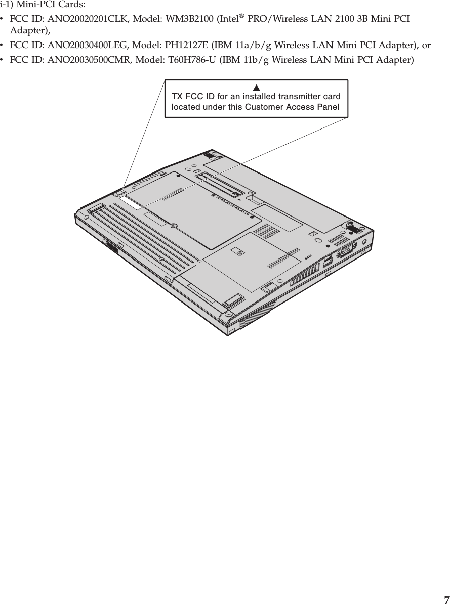 i-1) Mini-PCI Cards: v   FCC ID: ANO20020201CLK, Model: WM3B2100 (Intel® PRO/Wireless LAN 2100 3B Mini PCI Adapter), v   FCC ID: ANO20030400LEG, Model: PH12127E (IBM 11a/b/g Wireless LAN Mini PCI Adapter), or v   FCC ID: ANO20030500CMR, Model: T60H786-U (IBM 11b/g Wireless LAN Mini PCI Adapter)TX FCC ID for an installed transmitter cardlocated under this Customer Access Panel      7