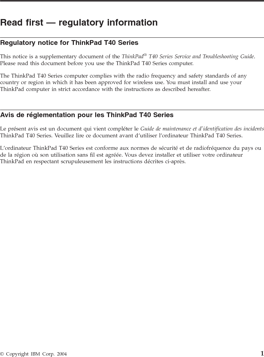 2 ThinkPad® T40 Series Regulatory Notice