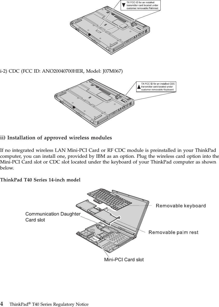 i-2) CDC (FCC ID: ANO20040700HER, Model: J07M067)   ii) Installation of approved wireless modules If no integrated wireless LAN Mini-PCI Card or RF CDC module is preinstalled in your ThinkPad computer, you can install one, provided by IBM as an option. Plug the wireless card option into the Mini-PCI Card slot or CDC slot located under the keyboard of your ThinkPad computer as shown below. ThinkPad T40 Series 14-inch model     4 ThinkPad® T40 Series Regulatory Notice