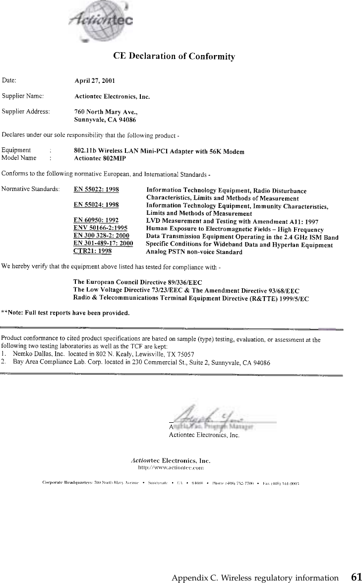 Appendix C. Wireless regulatory information 61