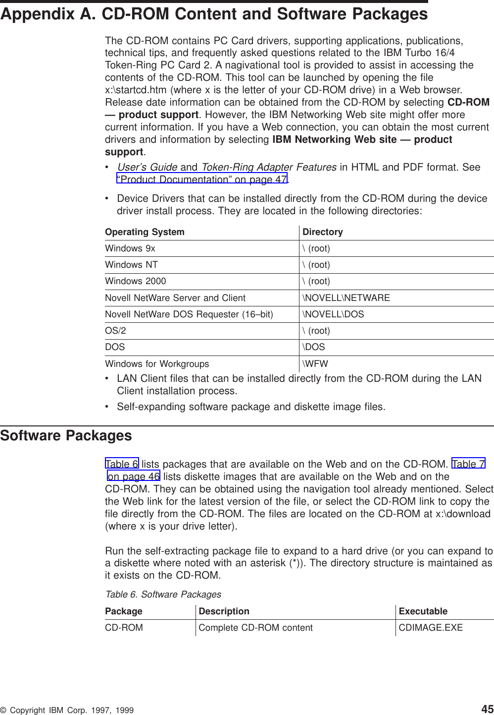 Appendix A. CD-ROM Content and Software PackagesThe CD-ROM contains PC Card drivers, supporting applications, publications,technical tips, and frequently asked questions related to the IBM Turbo 16/4Token-Ring PC Card 2. A nagivational tool is provided to assist in accessing thecontents of the CD-ROM. This tool can be launched by opening the filex:\startcd.htm (where x is the letter of your CD-ROM drive) in a Web browser.Release date information can be obtained from the CD-ROM by selecting CD-ROM— product support. However, the IBM Networking Web site might offer morecurrent information. If you have a Web connection, you can obtain the most currentdrivers and information by selecting IBM Networking Web site — productsupport.vUser’s GuideandToken-Ring Adapter Featuresin HTML and PDF format. See“Product Documentation” on page 47.vDevice Drivers that can be installed directly from the CD-ROM during the devicedriver install process. They are located in the following directories:Operating System DirectoryWindows 9x \ (root)Windows NT \ (root)Windows 2000 \ (root)Novell NetWare Server and Client \NOVELL\NETWARENovell NetWare DOS Requester (16–bit) \NOVELL\DOSOS/2 \ (root)DOS \DOSWindows for Workgroups \WFWvLAN Client files that can be installed directly from the CD-ROM during the LANClient installation process.vSelf-expanding software package and diskette image files.Software PackagesTable 6 lists packages that are available on the Web and on the CD-ROM. Table 7on page 46 lists diskette images that are available on the Web and on theCD-ROM. They can be obtained using the navigation tool already mentioned. Selectthe Web link for the latest version of the file, or select the CD-ROM link to copy thefile directly from the CD-ROM. The files are located on the CD-ROM at x:\download(where x is your drive letter).Run the self-extracting package file to expand to a hard drive (or you can expand toa diskette where noted with an asterisk (*)). The directory structure is maintained asit exists on the CD-ROM.Table 6. Software PackagesPackage Description ExecutableCD-ROM Complete CD-ROM content CDIMAGE.EXE© Copyright IBM Corp. 1997, 1999 45