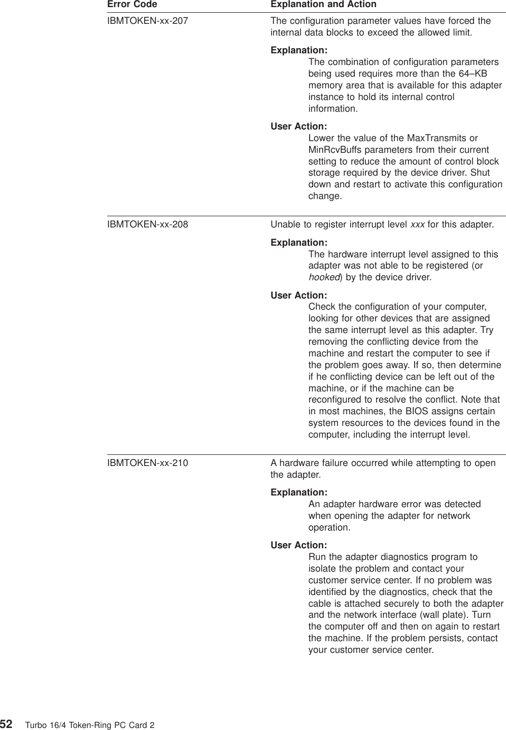 Error Code Explanation and ActionIBMTOKEN-xx-207 The configuration parameter values have forced theinternal data blocks to exceed the allowed limit.Explanation:The combination of configuration parametersbeing used requires more than the 64–KBmemory area that is available for this adapterinstance to hold its internal controlinformation.User Action:Lower the value of the MaxTransmits orMinRcvBuffs parameters from their currentsetting to reduce the amount of control blockstorage required by the device driver. Shutdown and restart to activate this configurationchange.IBMTOKEN-xx-208 Unable to register interrupt levelxxxfor this adapter.Explanation:The hardware interrupt level assigned to thisadapter was not able to be registered (orhooked) by the device driver.User Action:Check the configuration of your computer,looking for other devices that are assignedthe same interrupt level as this adapter. Tryremoving the conflicting device from themachine and restart the computer to see ifthe problem goes away. If so, then determineif he conflicting device can be left out of themachine, or if the machine can bereconfigured to resolve the conflict. Note thatin most machines, the BIOS assigns certainsystem resources to the devices found in thecomputer, including the interrupt level.IBMTOKEN-xx-210 A hardware failure occurred while attempting to openthe adapter.Explanation:An adapter hardware error was detectedwhen opening the adapter for networkoperation.User Action:Run the adapter diagnostics program toisolate the problem and contact yourcustomer service center. If no problem wasidentified by the diagnostics, check that thecable is attached securely to both the adapterand the network interface (wall plate). Turnthe computer off and then on again to restartthe machine. If the problem persists, contactyour customer service center.52 Turbo 16/4 Token-Ring PC Card 2