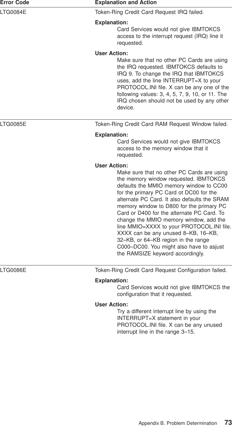 Error Code Explanation and ActionLTG0084E Token-Ring Credit Card Request IRQ failed.Explanation:Card Services would not give IBMTOKCSaccess to the interrupt request (IRQ) line itrequested.User Action:Make sure that no other PC Cards are usingthe IRQ requested. IBMTOKCS defaults toIRQ 9. To change the IRQ that IBMTOKCSuses, add the line INTERRUPT=X to yourPROTOCOL.INI file. X can be any one of thefollowing values: 3, 4, 5, 7, 9, 10, or 11. TheIRQ chosen should not be used by any otherdevice.LTG0085E Token-Ring Credit Card RAM Request Window failed.Explanation:Card Services would not give IBMTOKCSaccess to the memory window that itrequested.User Action:Make sure that no other PC Cards are usingthe memory window requested. IBMTOKCSdefaults the MMIO memory window to CC00for the primary PC Card ot DC00 for thealternate PC Card. It also defaults the SRAMmemory window to D800 for the primary PCCard or D400 for the alternate PC Card. Tochange the MMIO memory window, add theline MMIO=XXXX to your PROTOCOL.INI file.XXXX can be any unused 8–KB, 16–KB,32–KB, or 64–KB region in the rangeC000–DC00. You might also have to asjustthe RAMSIZE keyword accordingly.LTG0086E Token-Ring Credit Card Request Configuration failed.Explanation:Card Services would not give IBMTOKCS theconfiguration that it requested.User Action:Try a different interrupt line by using theINTERRUPT=X statement in yourPROTOCOL.INI file. X can be any unusedinterrupt line in the range 3–15.Appendix B. Problem Determination 73