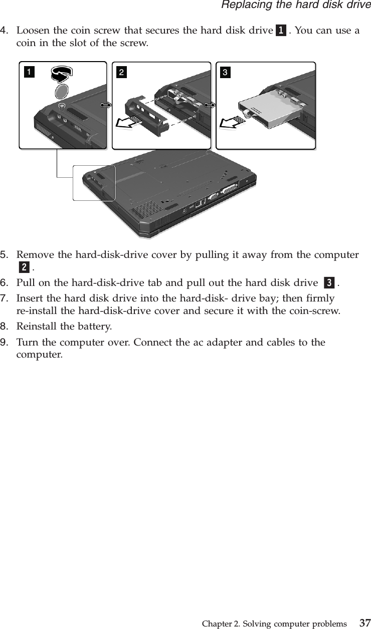 4. Loosen the coin screw that secures the hard disk drive1. You can use acoin in the slot of the screw.1235. Remove the hard-disk-drive cover by pulling it away from the computer2.6. Pull on the hard-disk-drive tab and pull out the hard disk drive 3.7. Insert the hard disk drive into the hard-disk- drive bay; then firmlyre-install the hard-disk-drive cover and secure it with the coin-screw.8. Reinstall the battery.9. Turn the computer over. Connect the ac adapter and cables to thecomputer.Replacing the hard disk driveChapter 2. Solving computer problems 37